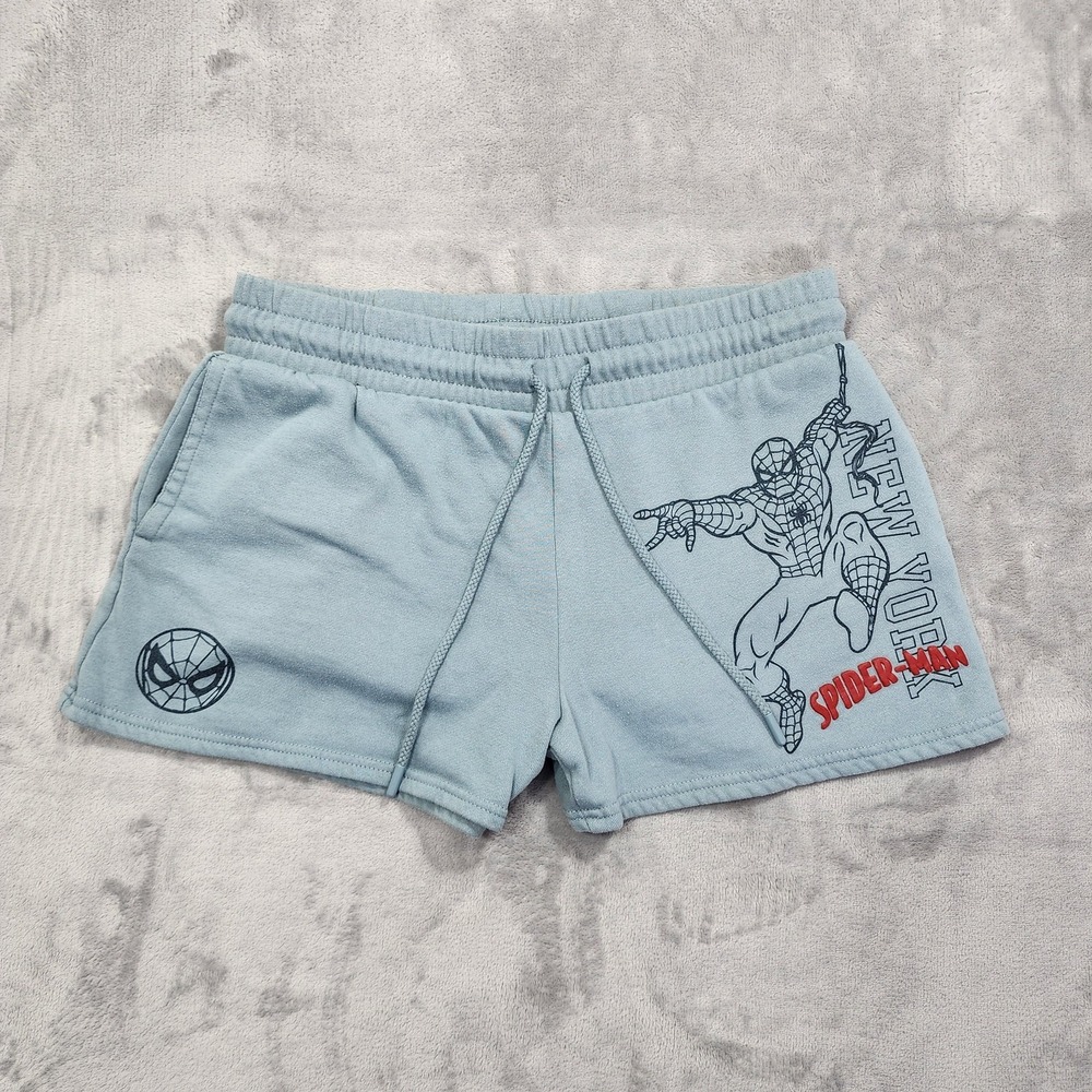 Marvel Shorts Women L Blue Spider-Man Graphic Sweat Gym Lounge Casual Drawstring